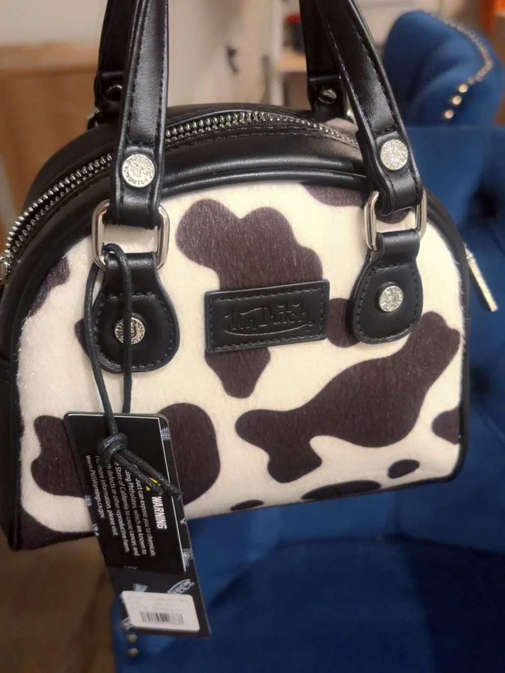 Von Dutch Black & Cream Cow-Print Dome Satchel